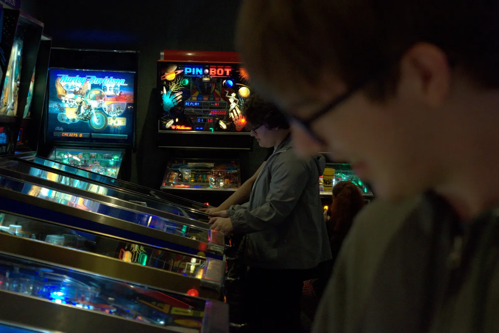 Pinball machines, including Harley-Davidson and Pin•Bot, in Funspot's arcade